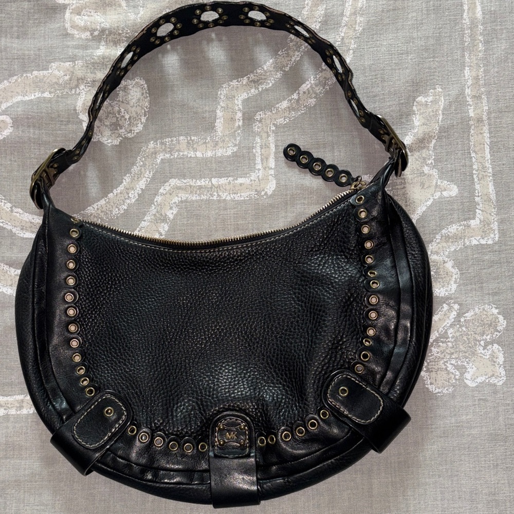 Michael Kors Black Pebbled Leather Grommet Shoulder Bag